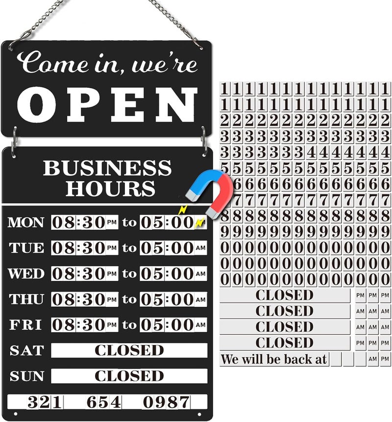 Magrooyar Magnetic Changeable Business Hours Sign with Double Sided Open Closed Signs, Metal Hours of Operation Signs, Store Hours Sign for Glass Door or Window（BLACK） - Image 1